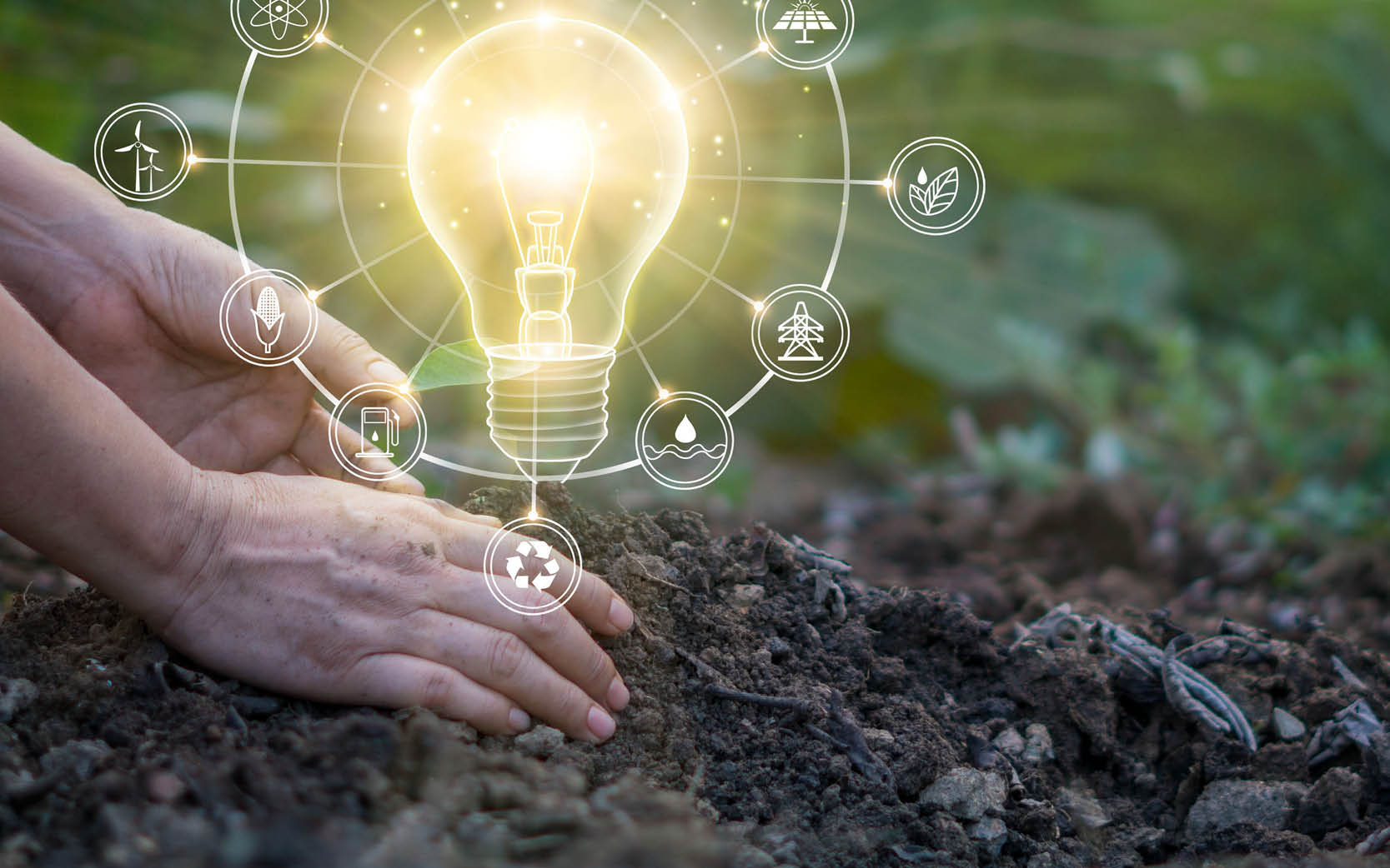 hands in soil, image of lightbulb over
